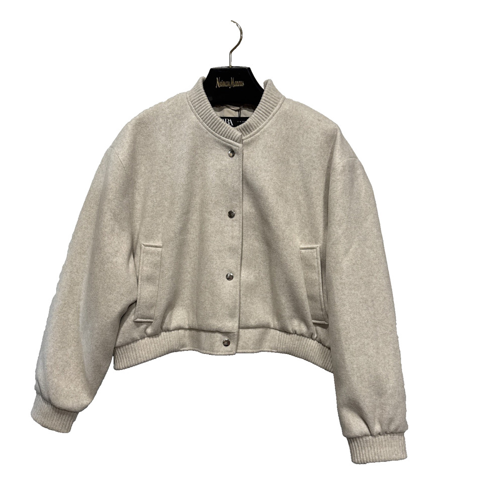 ZARA Cropped Soft Bomber Jacket Womens XL Pockets Snaps Sand Beige 3046/319/712